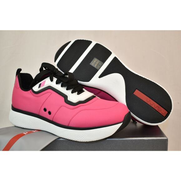 NIB PRADA 3E6321 WOMEN PINK NYLON LACE UP LOGO LOW TOP PLATFORM SNEAKERS 40 - Picture 7 of 12